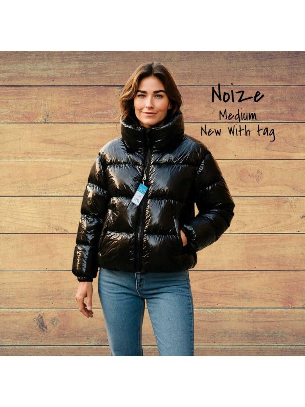 Noize Vegan Patent Puffer Jacket Black - Medium Size, New with Tags